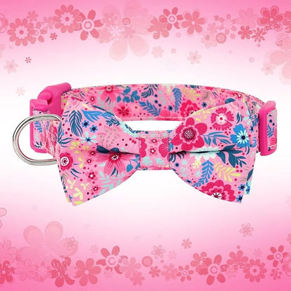 Didog Floral Dog Collar with Bow, Cute Girl Dog Collars with Detachable Bowtie, Soft & Comfy Spring Summer Dog Collar for Small Medium Large Dogs Gift Holiday, Hot Pink, L
