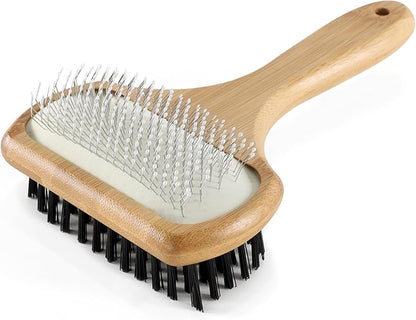 Double Sided Dog Grooming Brush for Long or Short Haired Pets Dog Slicker Brush with Bamboo Handle for Removing Shedding Tangles