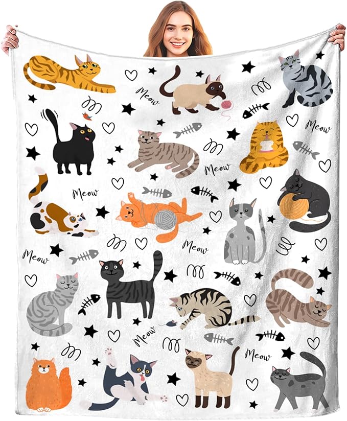 Cute Cat Blanket Animals Pet Pattern Gifts for Cat Lovers Soft Lightweight Flannel Throw Blankets for Kids Adults 80"x60"