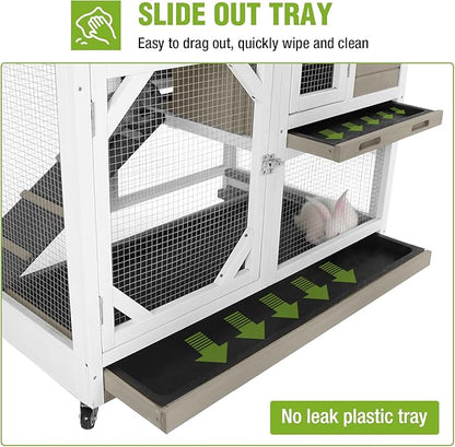GUTINNEEN Rabbit Hutch Indoor 2 Story with 3 Doors, Outdoor Bunny Cage with Movable Wheels and Easy Clean Trays for Guinea Pig Cage 40.6" L (White and Matcha)