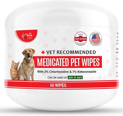 Amate Medicated Dog Wipes for Ear Skin & Coat - Pet Wipes for Dogs & Cats - 2.5 Small Wipes - Relieve Skin Issues, Hot Spots & Irritation - Pack of 50