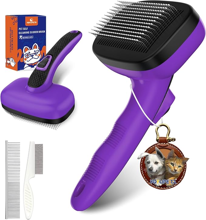 3 PCS Dog Grooming Brush Kit  Self Cleaning Slicker Brush for Shedding Short & Long Haired Dogs & Cats. Removes Loose Fur, Undercoat, Mats, Tangles for Small, Medium & Large Pets. Purple