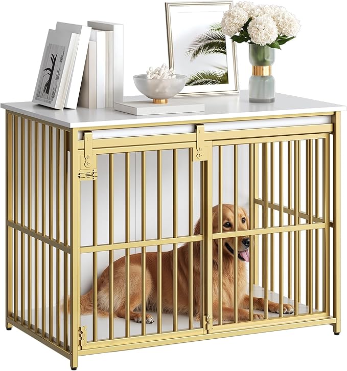 HOOBRO Dog Crate Furniture, 36.6" Heavy Duty Dog Kennel with Sliding Barn Door, Decorative Dog Crate Indoor, End Side Table for Small/Medium Dog, White and Gold DW162GW03G1