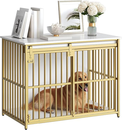 HOOBRO Dog Crate Furniture, 36.6" Heavy Duty Dog Kennel with Sliding Barn Door, Decorative Dog Crate Indoor, End Side Table for Small/Medium Dog, White and Gold DW162GW03G1