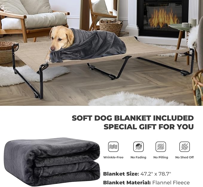 Veehoo Large Elevated Dog Bed with Flannel Dog Blanket, Outdoor Guardrail Raised Pet Cot for Extra Large Dogs, Anti-Slip Camping Dog Hammock Bed, Breathable Teslin Mesh Fabric, XXL, CWC2201B