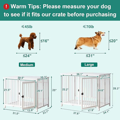 Heavy Duty Dog Crate Furniture, Fully Assembled exc. Locks, All Metal Frame & Wooden Tabletop, Modern Kennel for Small Dog, End Table, Sturdy, Foldable, White
