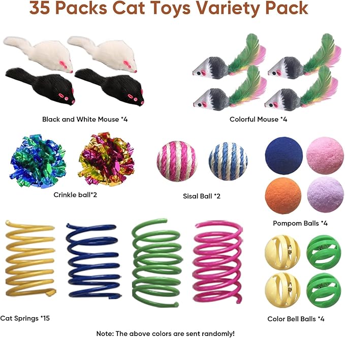 AGYM Cat Toys for Indoor Cats, 35 Packs Interactive Cat Toys Set with Colorful Springs, Mouse Cat Toy, Crinkle, Sisal, Pompom and Color Bell Balls for Kittens