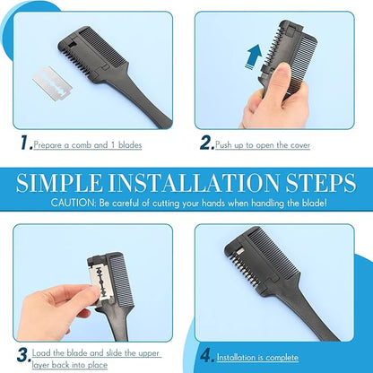 3 Pcs Pet Grooming Razor Comb with 50 Replacement Blades - Double Sided Hair Trimmer, Cutter and Scissors Tool for Dogs and Cats(Black)