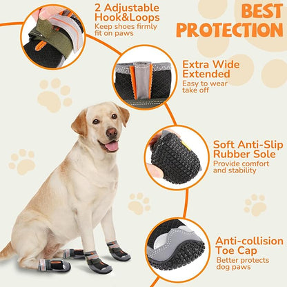 Dog Boots for Large Dogs, Medium Dog Shoes for Hot Pavement, Non- Slip, Waterproof Outdoor Dog Booties with Reflective Strap for Snowy Hardwood Floor Snow Hiking Walking, Size 6