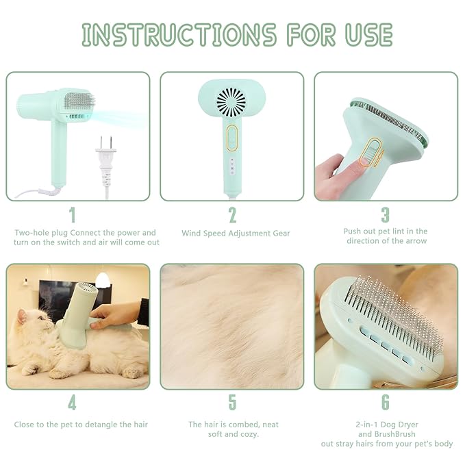 2-in-1 Dog Hair Dryer and Brush - Low Noise Operation, Overheating Protection, 3 Temperature & Airflow Settings, Self-Cleaning Button - Ideal Dog Brush for Short Haired Dogs (Green)