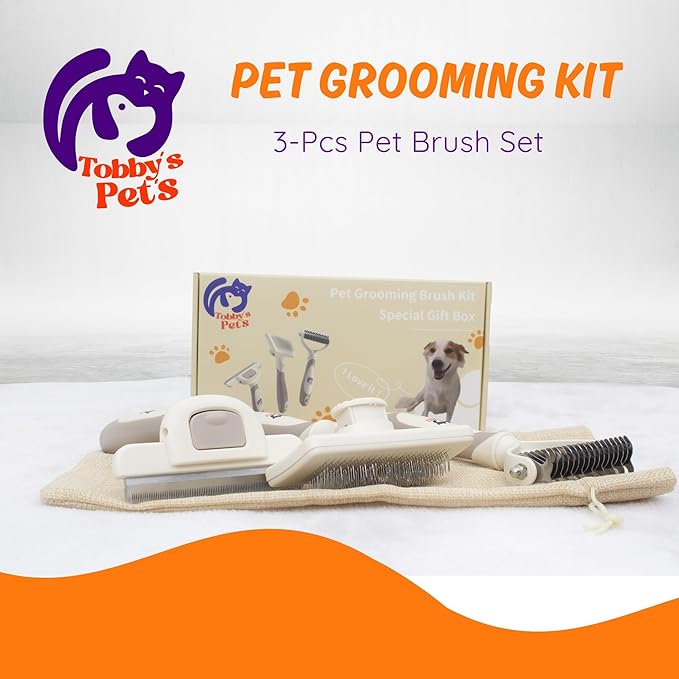 Pet Grooming Kit  3-Pcs Pet Brush Set with Dematting Tool, Deshedding Brush, Self-Cleaning Slicker Brush  Professional Dog Brushes for Grooming Long-Haired Dogs and Cats