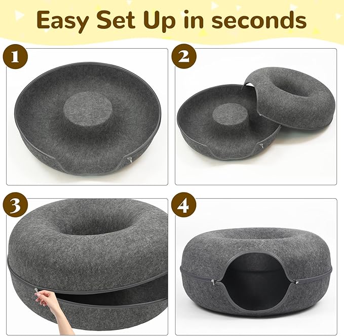Cat Caves for Indoor Cats, Large Cat Tunnel for Multiple & Large Cats, Scratch Detachable Cave Bed, Kitten Donut Kitty Hideaway Up to 45 Lbs