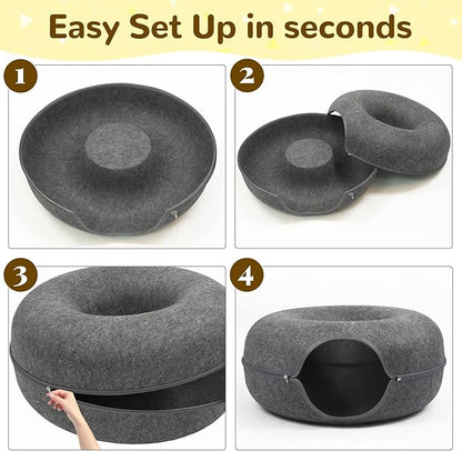 Cat Caves for Indoor Cats, Large Cat Tunnel for Multiple & Large Cats, Scratch Detachable Cave Bed, Kitten Donut Kitty Hideaway Up to 45 Lbs