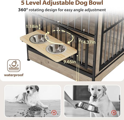 Rovibek 78 Double Dog Crate Furniture for 2 Large Dogs Indoor, Wooden Furniture Dog Crates with Dog Bowl, Dog Kennel Furniture TV Stand Large Breed Grey