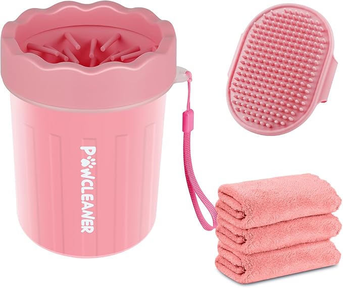 Dog Paw Cleaner for Dogs, (with 3Pcs Absorbent Towels & Adjustable Bath Brush) Dog Paw Washer, Pet Foot Cleaner (Pink, Small)