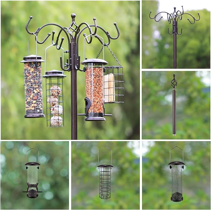 Bird Feeding Station Kit with Squirrel Baffle Bird Feeder Pole with Suet Cage Mesh Tray Fruit Hook Double W Hook for Attracting Wild Birds and Hanging Planter Hanger Lights