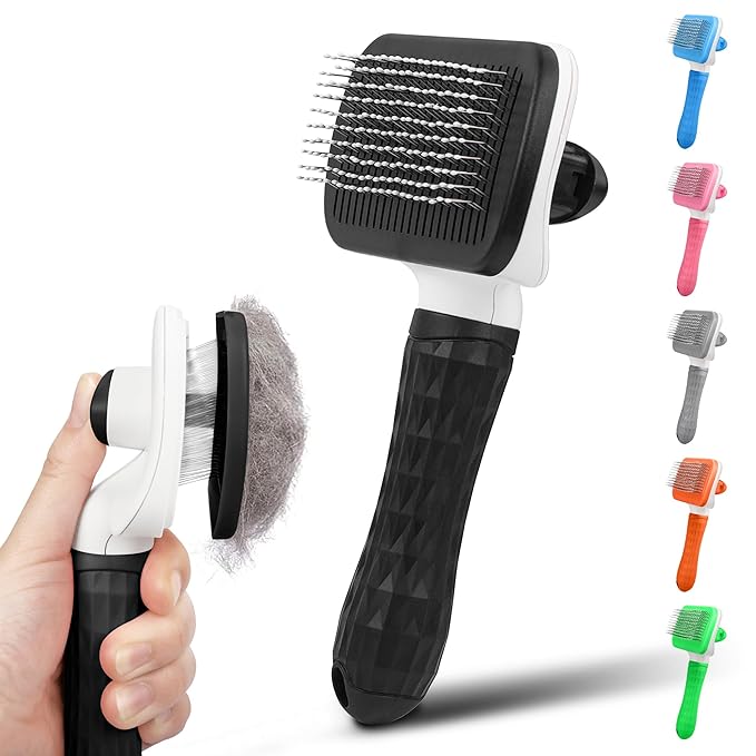Dog & Cat Brush, Black Self Cleaning Slicker Brush for Pets, Upgraded Dog Brush for Shedding Massaging and Grooming, Removes Loose Undercoat & Portable Comb for Long Short Haired Dogs