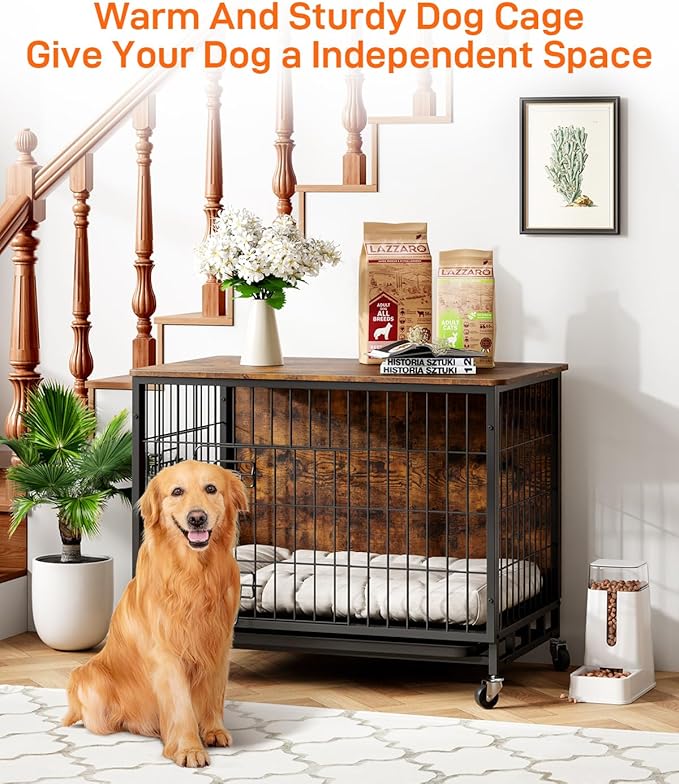 Dog Crate Furniture, 2024 Deluxe Wooden Dog Kennel with Removable Tray and Wheels, Heavy-Duty Double-Doors 38.6" Dog Cage End Table, Indoor Dog House for Large Dogs (Brown & Black, Large)