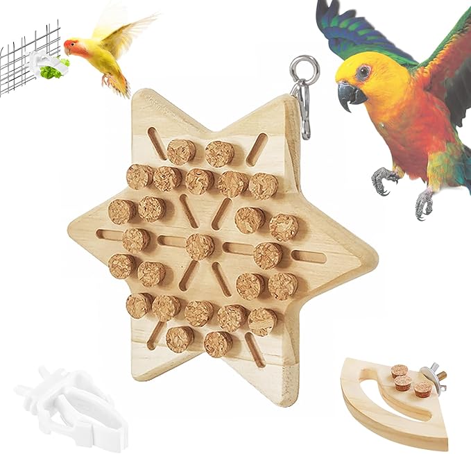 Bird Chew Toy – Wooden Foraging Puzzle Toy with Cork Stoppers, Hanging Bird Cage Toy for Parrots, Conures, Budgies, Cockatiels, Macaws, Finches, and Small to Medium Birds(Snowflake)