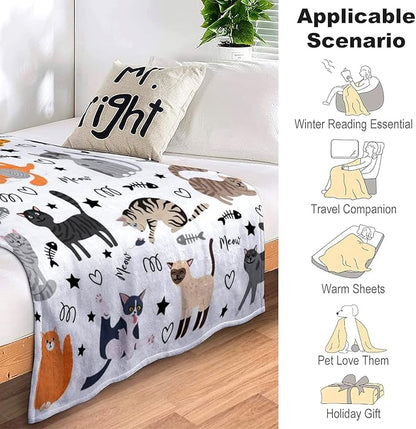 Cute Cat Blanket Animals Pet Pattern Gifts for Cat Lovers Soft Lightweight Flannel Throw Blankets for Kids Adults 50"x40"