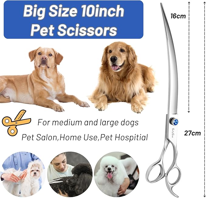 10inch Curved Dog Grooming Scissors Professional,VG10 Steel Dog Scissors for Grooming,30 Degree Bend,Sharp Blade with CNC Screw and Round Blunt Tip,Pet Grooming Shears for Medium and Large Dogs Cats