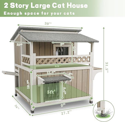 2-Story Outdoor Large Cat House with Patio, Weatherproof Wooden Feral Shelter for Indoor & Outdoor, Openable Roof, Escape Safe Doors, 2 PVC Door Strip, 2 Platforms