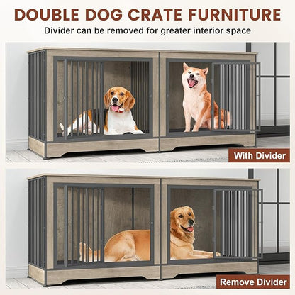 75 Inch Double Dog Crate Furniture for 2 Large Dogs with 2 Trays and Divider, 3-in-1 Grey Large Double Dog Kennel TV Stand with Adjustable Feet