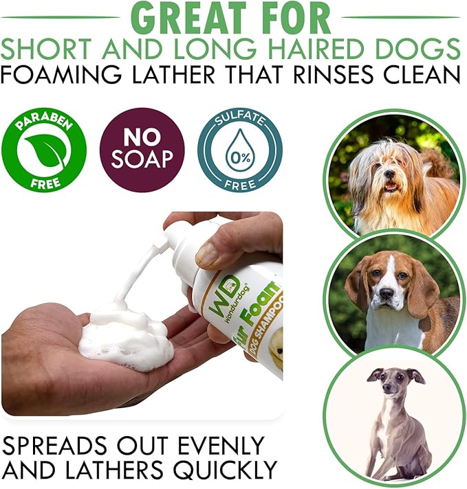 Fur Foam Dog Shampoo with Oatmeal, Coconut and Aloe. Hypoallergenic, Softens Coat, Moisturizes Dry Skin, Restores Shiny, Lathers from Bottle. (16.9oz)