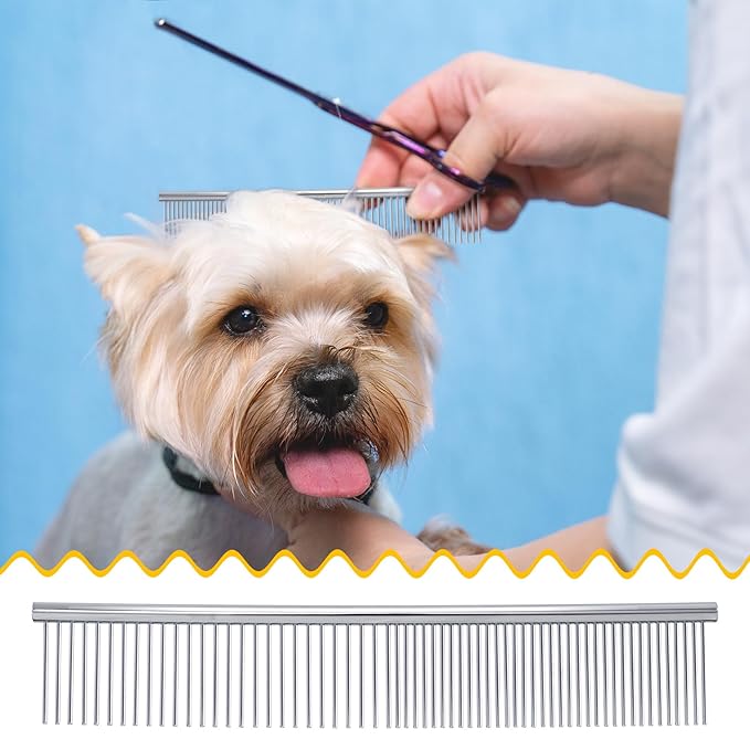 2pcs Dog Grooming Combs for Removing Tangles, Round Teeth Metal Cat Pet Hair Comb, Silver Large Professional Grooming Tool for Long Short Haired Dogs Cats Rabbits