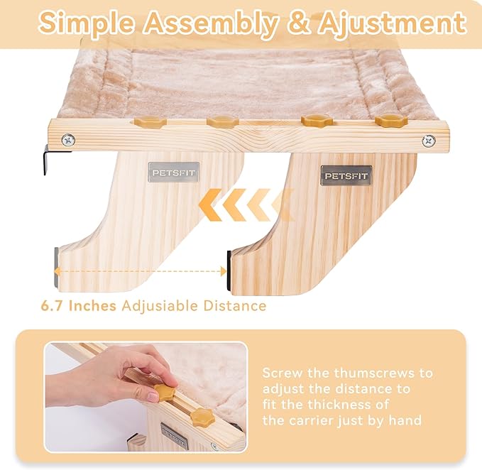 PETSFIT Cat Window Perch, Hammock Window Seat with Solid Wood Support, Metal Frame & 2 Removable Pads, Easy to Adjust & Assemble Cat Bed for Windowsill, Bedside and Drawer