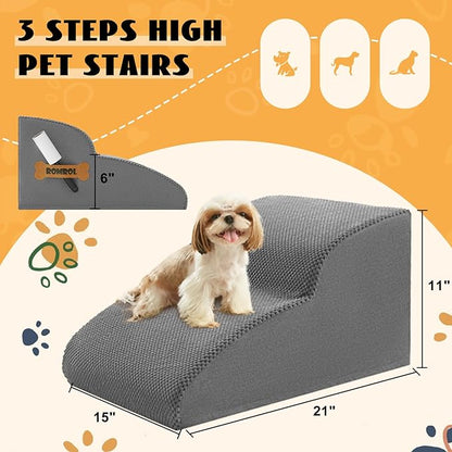 High Density Foam Dog Stairs Ramp for Beds Couches, Romrol Pet Steps with Durable Non-Slip Waterproof Fabric Cover, Dog Slope Stairs Friendly to Small Dogs and Cats or Pets Joints, 2-Tiers