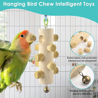 3pcs Natural Wood Bird Chewing Toys, Parrot Rotating Perch Stand, L-Shaped Perches with Chew Block, Hanging Cork Stopper Toys, Bird Cage Accessories for Parakeets Cockatiels Conures Lovebirds