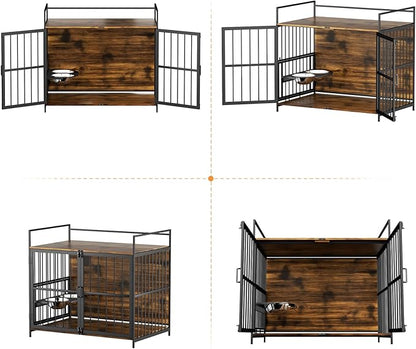 ROOMTEC Dog Crate Furniture-Style Cages for Large Dogs Indoor Heavy Duty Super Sturdy Dog Kennels with 2 Stainless Steel Bowls (48Inch = Int.dims: 46" W x 29" D x 35.5" H)