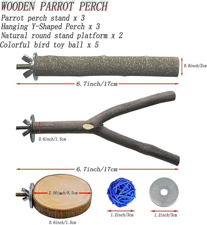 8 PCS Natural Wood Bird Perches Stand for Cage, 5 PCS Parrot Rattan Balls, Wooden Hanging Multi-Branch Perches Platform, Hammock Swing Toy for Parakeets, Budgies, Cockatiels, Conures, Macaws (13 PCS)
