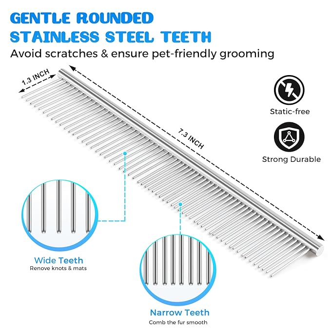 5 in 1 Dog Grooming Kit, Self Cleaning Slicker Brush for Shedding Short Long Haired Dogs & Cats, Includes Pet Comb, Flea Comb, Bath Brush, Undercoat Rake, Blue
