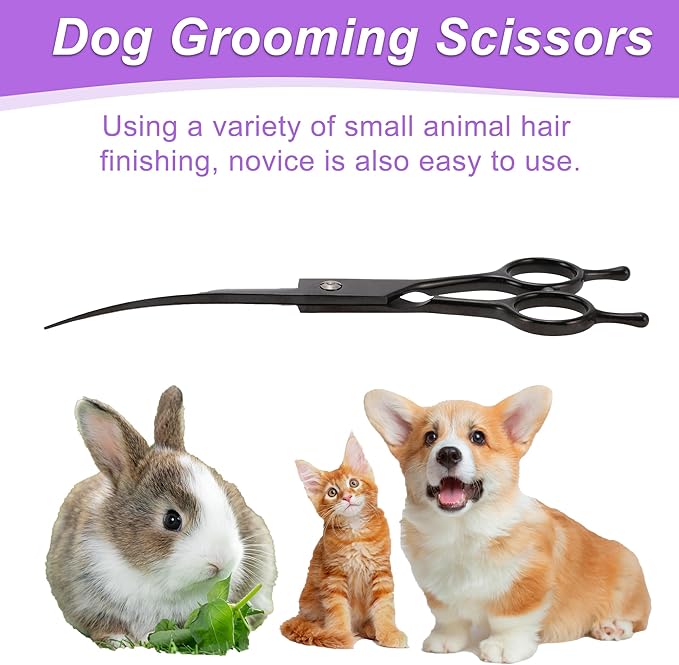 Dog Grooming Scissors, with Ergonomic Handle, Pill Popper for Cats, Upper Bend Shears, Stainless Steel Curved Shears for Dogs Cats, Black, 7.5inch