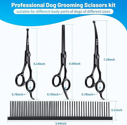 Dog Grooming Kit, 5-in-1 Titanium-plated Stainless Steel Dog Grooming Scissors, Dog Scissors for Grooming with Safety Round Tip, Dog Shears for Grooming & Cats, Sharp & Durable Cat Grooming Kit