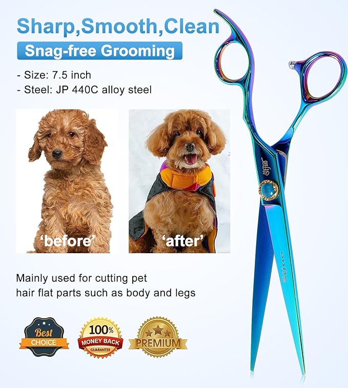 7.5'' Dog Straight Scissors for Grooming 440C Stainless Steel Green Professional Pet Trimming Scissors Sharp Blades Cutting for Dogs and Cats Shears