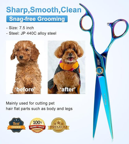 7.5'' Dog Scissors Set for Grooming 440C Stainless Steel Green Professional Pet Trimming Scissors Sharp Blades Cutting for Dogs and Cats Shears