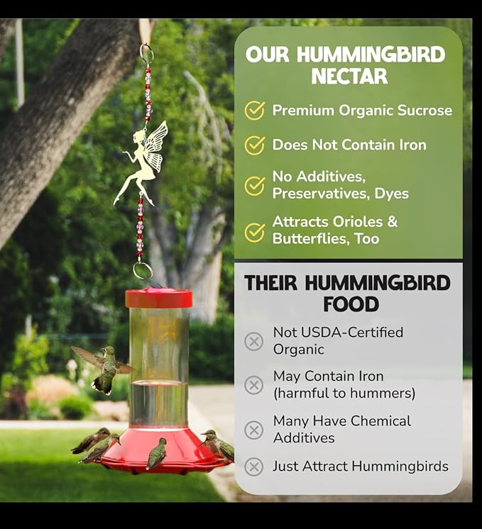 USDA Organic Hummingbird Nectar, Iron-Free, 2 x 8oz Concentrate Pouches with Feeder, All-Natural, Dye-Free USDA Certified Nectar for Outdoor Hummingbird Feeding