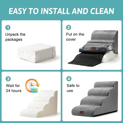 Dog Stairs for Small Dogs 11.8" H, Pet Step with Leakproof Cover, High Density Foam Cat Ramp for Chair or Sofa, Lightweight, Durable, Comfort, 15.7x19.7x11.8 inch, 2 Tiers, Grey