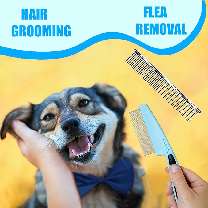 Dog Grooming Kit - 5 Pieces: Slicker Brush, Shedding Brush, Puppy Brush, Flea Comb, and Detangler Hair Brush Set in Blue
