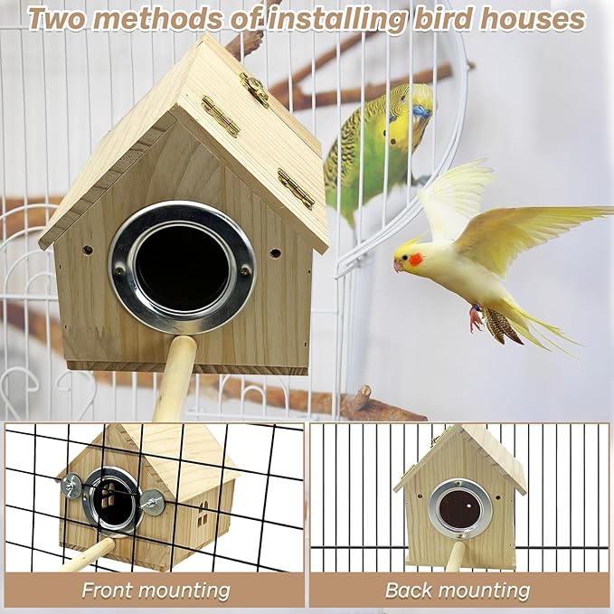 PINVNBY Parakeet Nesting Box Wooden Bird House for Cage Parrot Breeding Mating Box for Lovebirds CockatielFinch Cockatoo Canary and Small and Medium-Sized Birds (L: 7.91 * 6.81 * 6.69 inch)