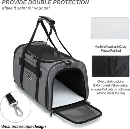 Cat Travel Carrier - Foldable Dog Carrier Bag, Soft Sided cat Carrier up to 20 Lbs,Pet Carrier Soft-Sided Escape Proof with 4 Ventilated Windows, Airline Approved Travel Puppy Carrier (Grey)