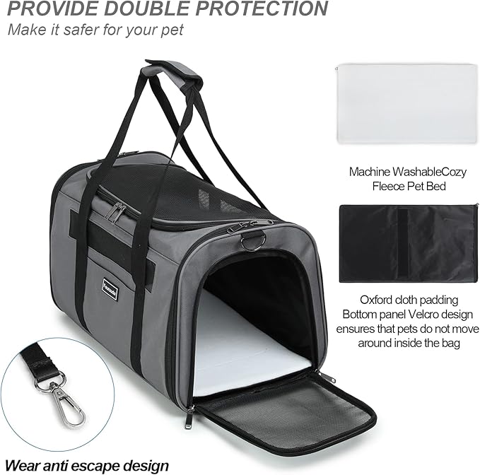 Cat Travel Carrier - Foldable Dog Carrier Bag, Soft-Sided Pet Bag up to 20 Lbs,Pet Carrier Soft-Sided Escape Proof with 4 Ventilated Windows, Airline Approved Travel Puppy Carrier (Black)