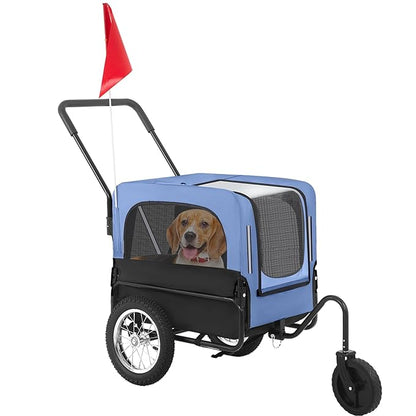 FDW Dog Stroller 2-in1 Dog Bike Trailer Pet Stroller Bicycle Carrier with Hitch Suspension Visibility Flag & Reflectors for Small Medium & Large Dogs (Blue)