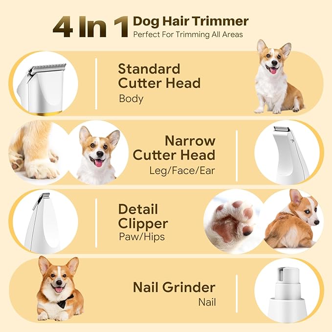 Small Dog Grooming Kit, 4 in 1 Electric Cordless Dog Paw Trimmer with Nail Grinder, Low Noise Dog Nail Trimmers, IPX7 Waterproof Small Dog Grooming Clippers for Paws, Ears, Face, Hip Hairl