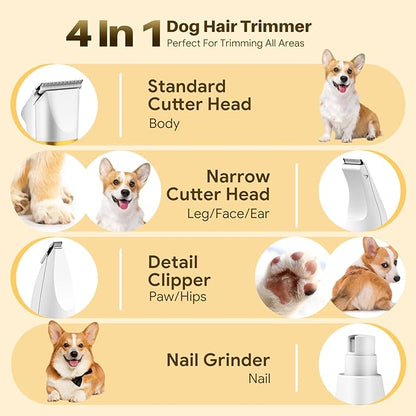 Small Dog Grooming Kit, 4 in 1 Electric Cordless Dog Paw Trimmer with Nail Grinder, Low Noise Dog Nail Trimmers, IPX7 Waterproof Small Dog Grooming Clippers for Paws, Ears, Face, Hip Hairl