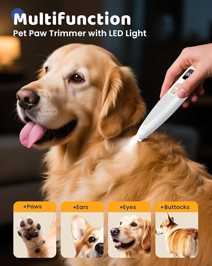 Dog Paw Trimmer with LED Light, 35dB Low Noise Precision Pet Paw Trimmer for Dogs Cats Grooming Clippers, 2 Speed Safety Electric Paw Hair Trimmer for Paws, Ears, Rump, Face, Eyes (Pink)