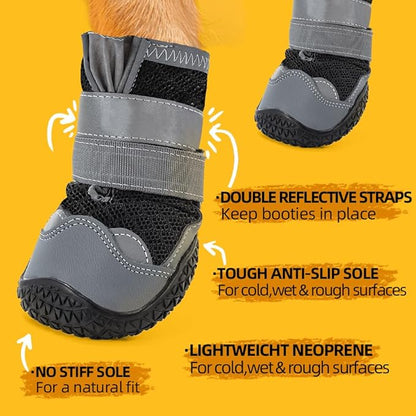 Dog Shoes for Large Dogs, Medium Dog Boots & Paw Protectors for Hardwood Floors, Outdoor Dog Booties for Hot Pavement Winter Snow Hiking, Breathable Dog Shoes with Reflective Strips Size 4